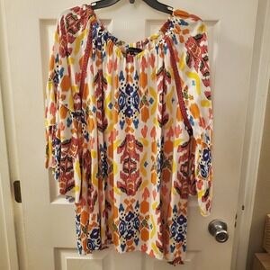 Calessa Plus Tunic 1X White Colorful Artsy Abstract pullover flare slv Boho Bold